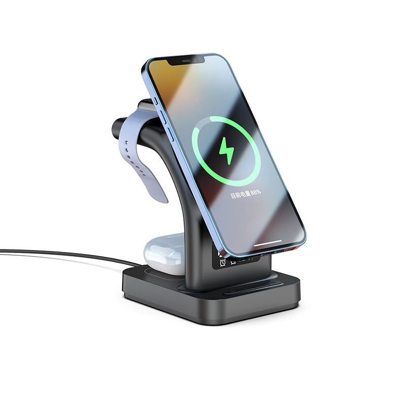 Majentik MW-11 Magnetic 3-in-1 Wireless Charger with Alarm Clock – 15W Fast Charging Dock for Phone, Watch, Earbuds