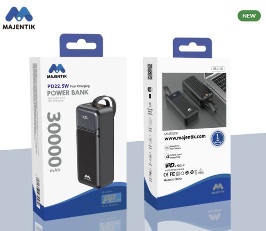 MAJENTIK MJ-16 Power Bank – 30000mAh | 22.5W Fast Charging with LCD and Built-in Cables