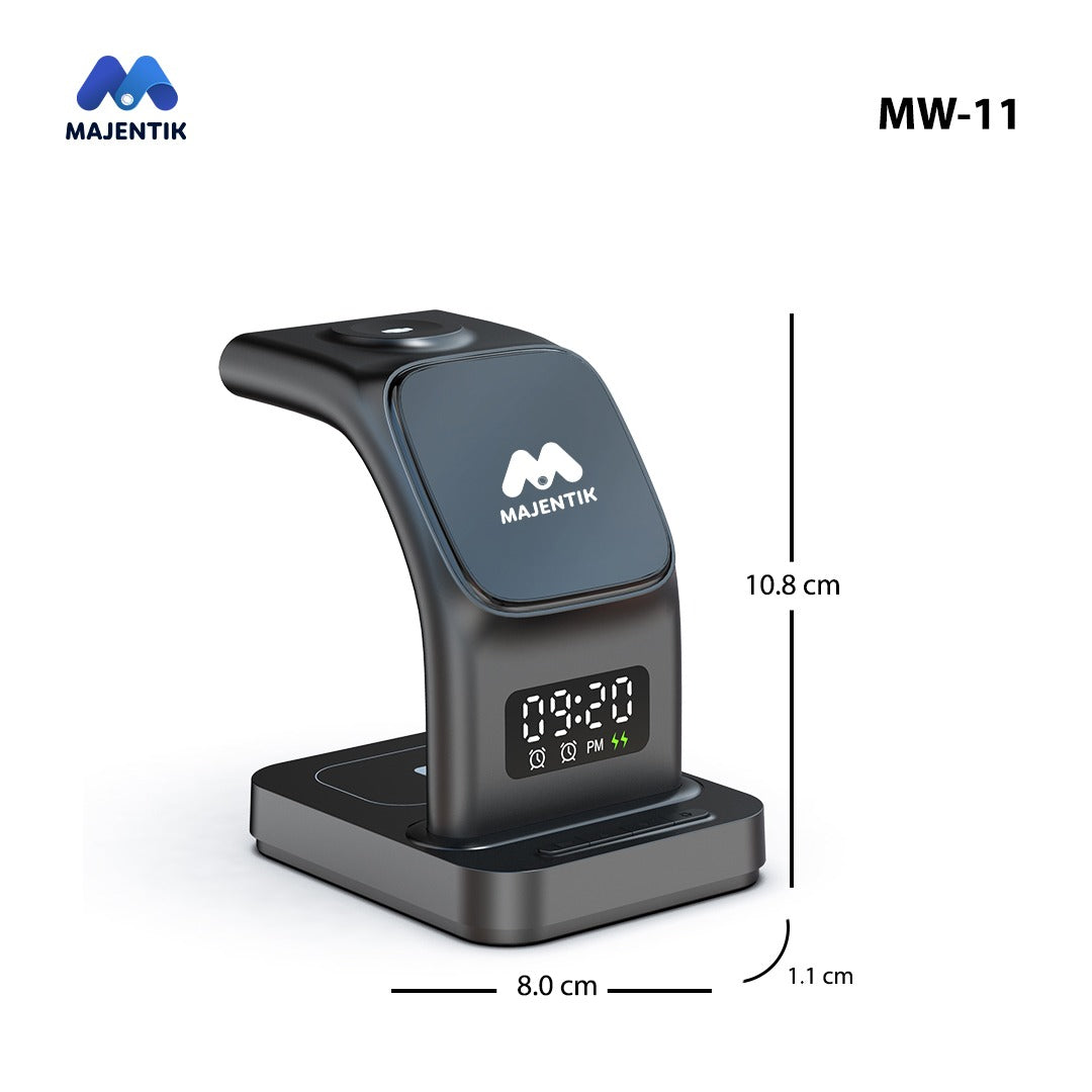 Majentik MW-11 Magnetic 3-in-1 Wireless Charger with Alarm Clock – 15W Fast Charging Dock for Phone, Watch, Earbuds
