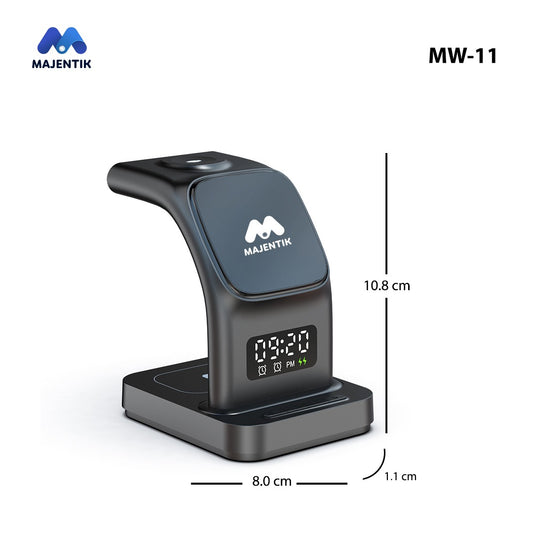 Majentik MW-11 Magnetic 3-in-1 Wireless Charger with Alarm Clock – 15W Fast Charging Dock for Phone, Watch, Earbuds